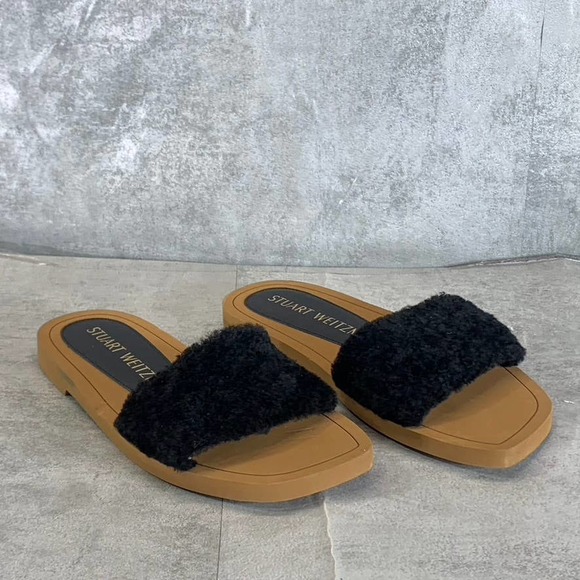 Stuart Weitzman Women's Black Cammy Faux-Fur Slide-On Flat Sandals SZ 6.5 - Picture 2 of 9